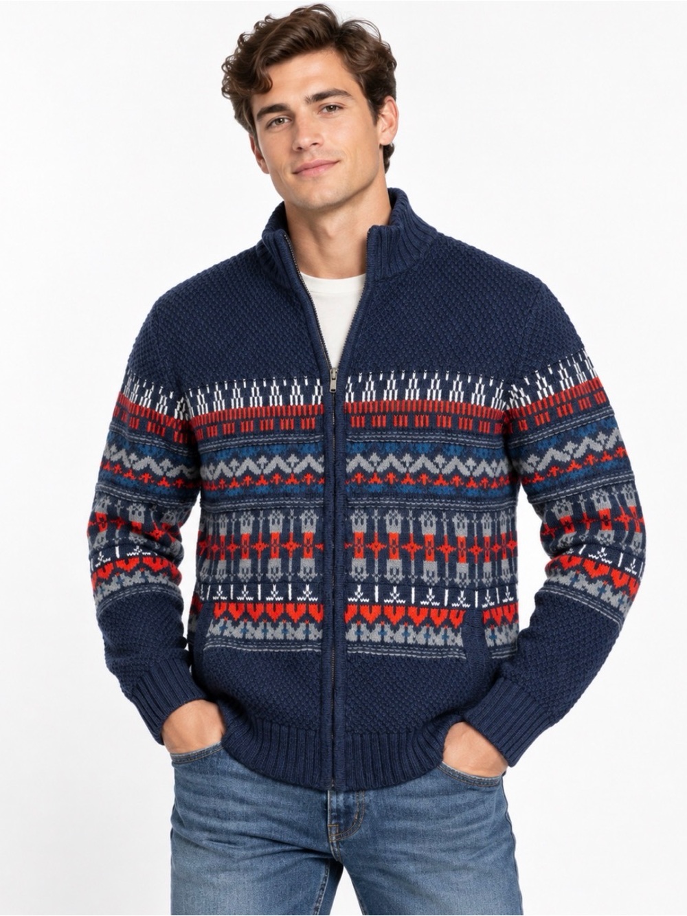 Cherokee Navy Fair Isle Zip-Up Sweater with Red and Gray Accents
